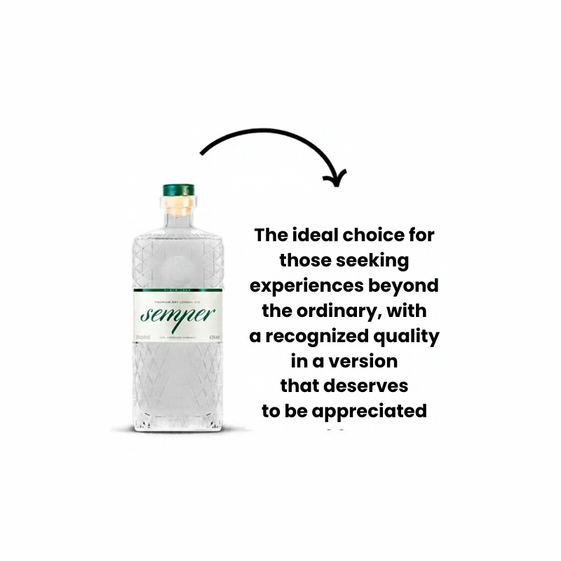 SEMPER artisanal gin bottle by Brasilberg, 750ml, featuring a sleek label and clear glass with a dark liquid inside.