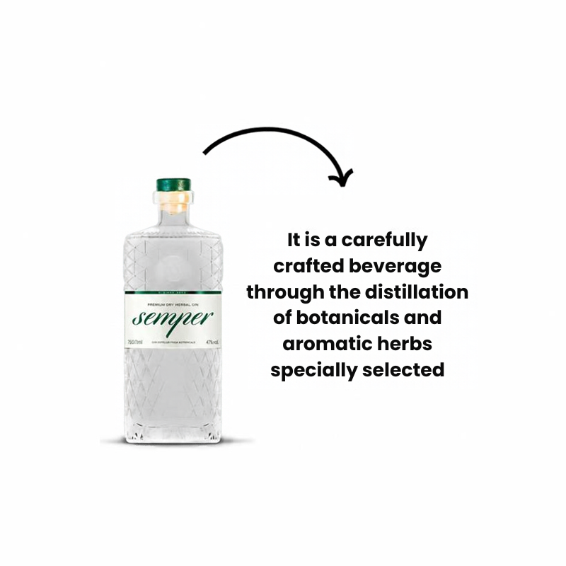 Bottle of SEMPER artisanal gin by Brasilberg, 750ml, with a sleek label design and clear glass showcasing the premium spirit.