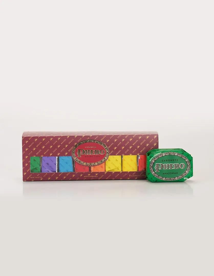 PHEBO glycerin bar soap gift set with 8 pieces, each 90g, featuring colorful packaging and traditional soap designs.