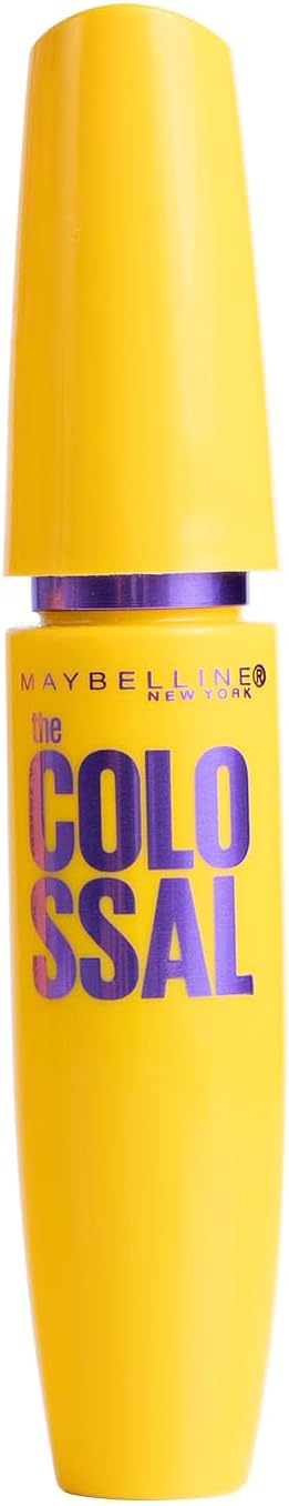 Maybelline The Colossal Volum' Express black eyelash mascara in 8ml tube, showcasing brush and product texture.