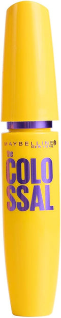 Maybelline The Colossal Volum' Express black eyelash mascara in 8ml tube, showcasing brush and product texture.