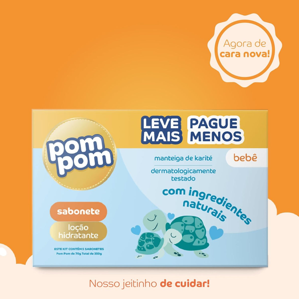 Set of five BuyBrazil Pom Pom lotion bar soap kits, each 70g, featuring colorful packaging and textured soap bars.