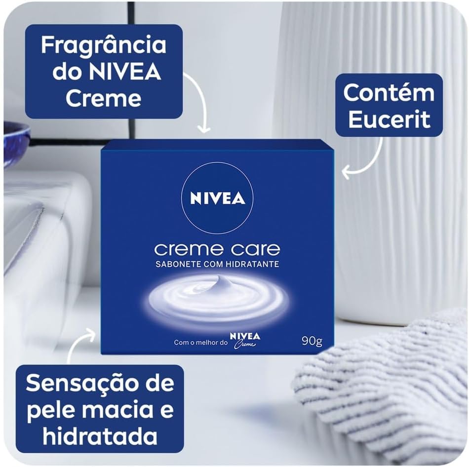 Six NIVEA Creme Care soap bars in a pack, each 90g, stored in a plastic wrapping with the NIVEA logo visible.