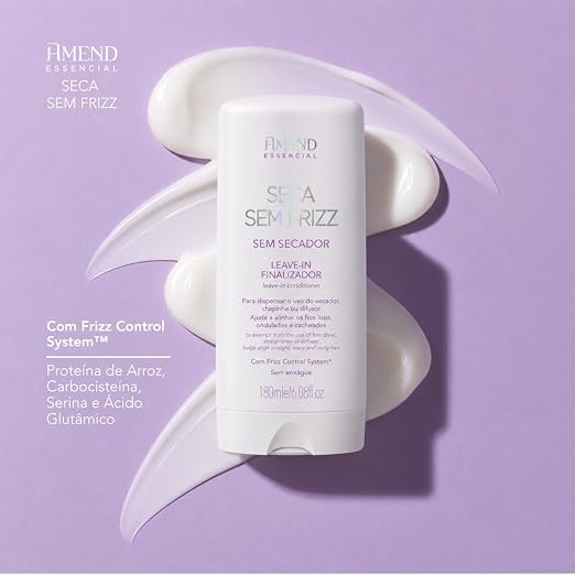 Seca Sem Frizz Leave-In Finalizer in 180ml bottle from Amend Essencial, with sleek packaging and pump dispenser.