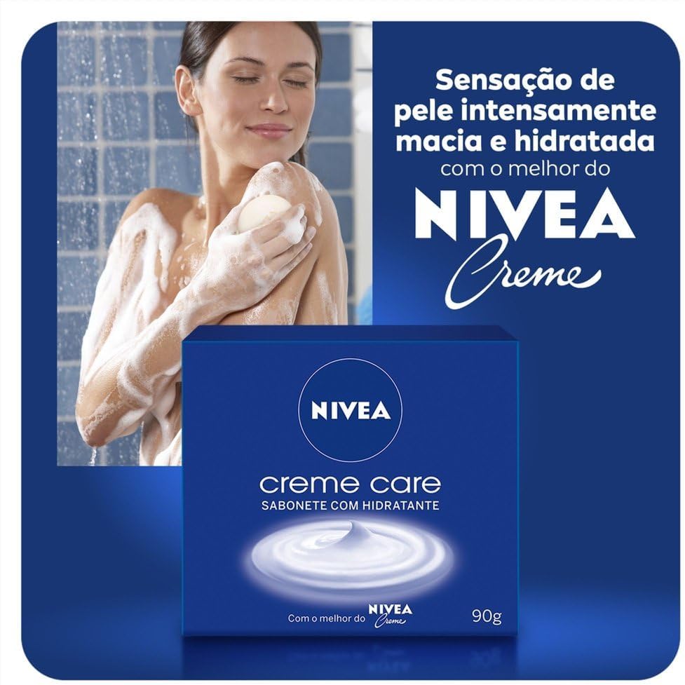 Six NIVEA Creme Care soap bars in a pack, each 90g, with creamy white appearance and NIVEA branding visible.