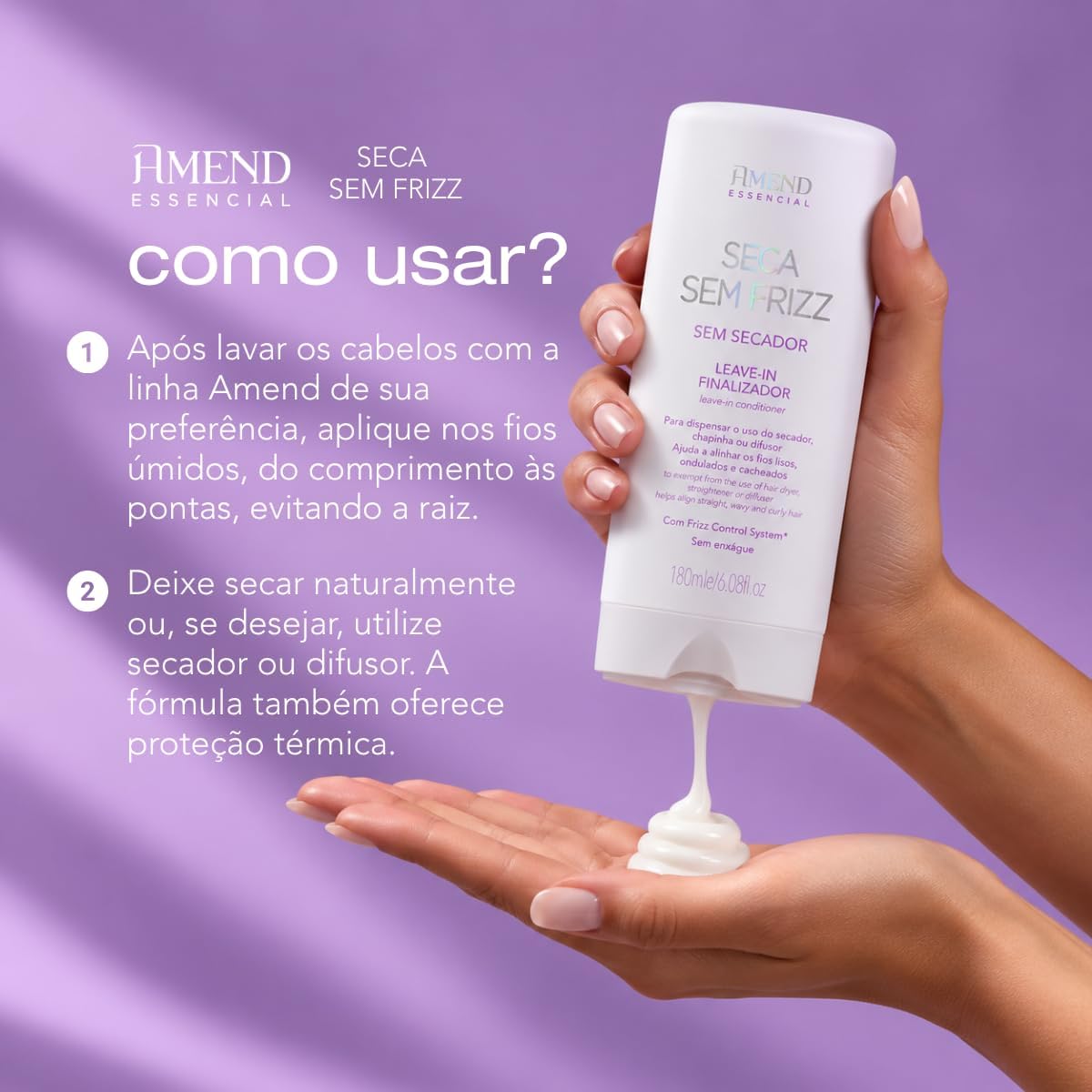 Seca Sem Frizz Leave-In Finalizer bottle from Amend Essencial with 180ml capacity, natural hair care product for frizz control