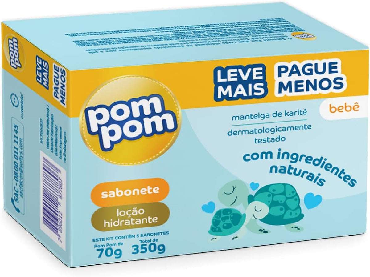 Set of five BuyBrazil Pom Pom Bar Soaps with moisturizing lotion, each 70g, featuring colorful, playful packaging.