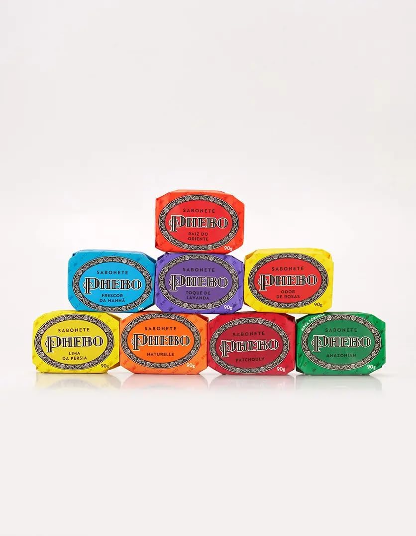 PHEBO traditional glycerin soap gift set with 8 bar soaps, each 90g, arranged in a decorative box.