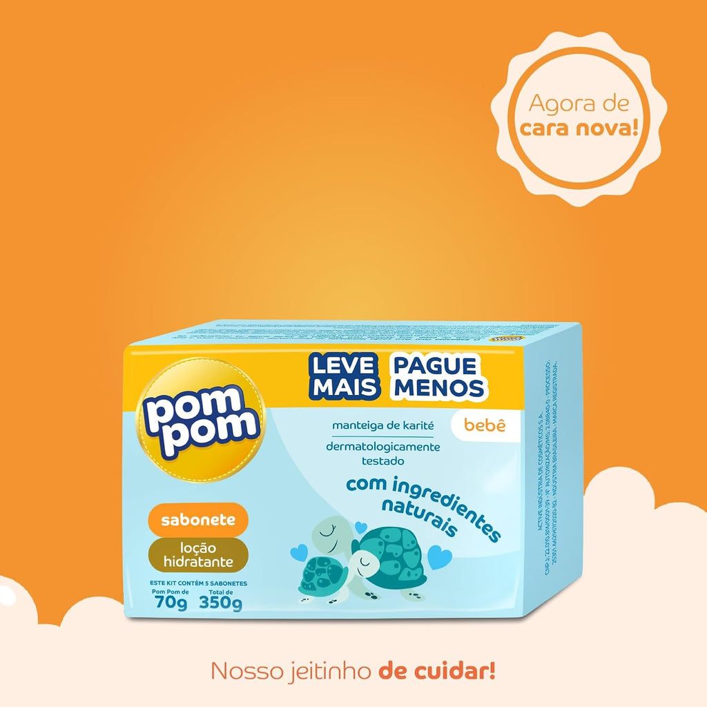 Set of 5 BuyBrazil Pom Pom Bar Soaps with 70g each, featuring colorful packaging and a nourishing lotion scent.