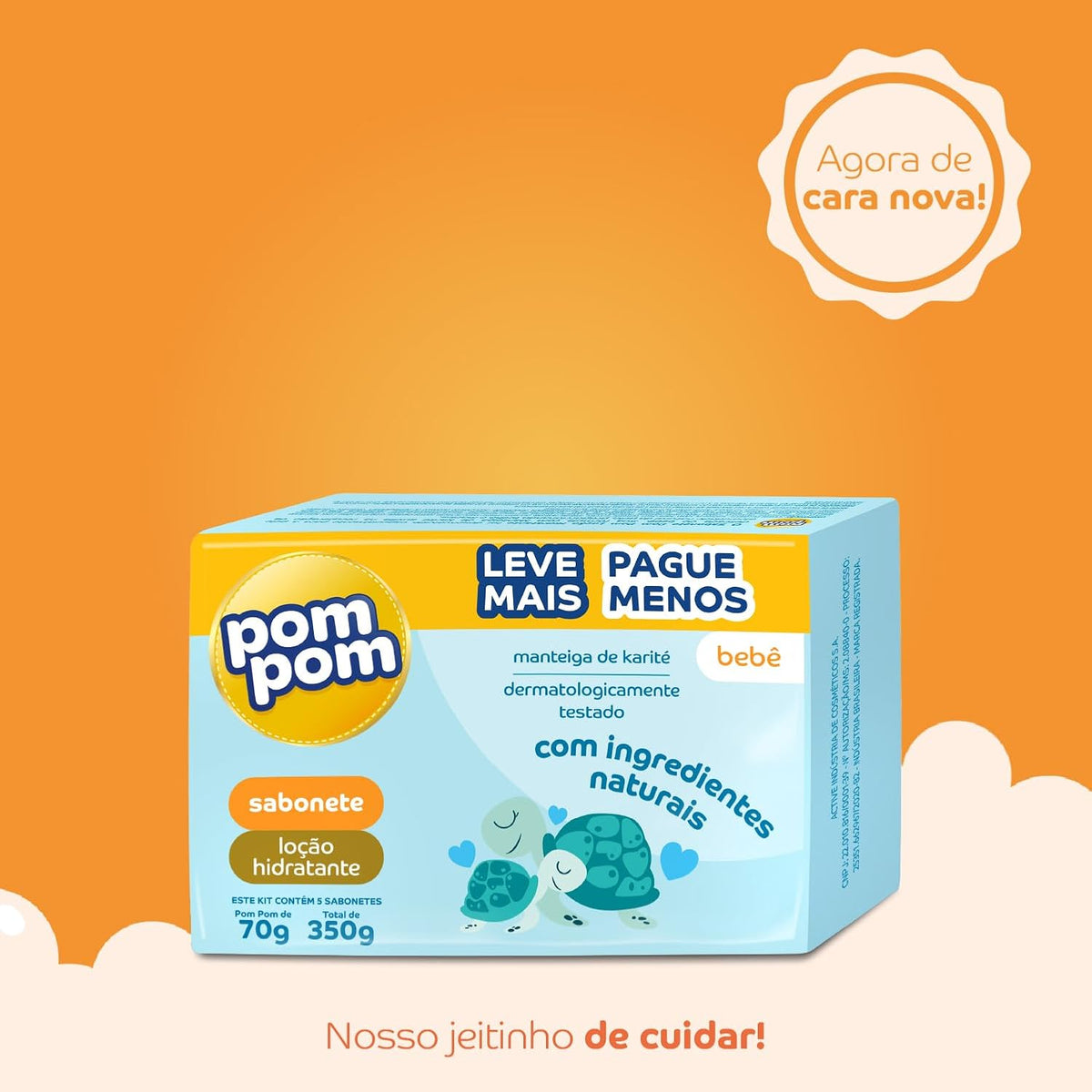 Set of 5 BuyBrazil Pom Pom Bar Soaps with 70g each, featuring colorful packaging and a nourishing lotion scent.