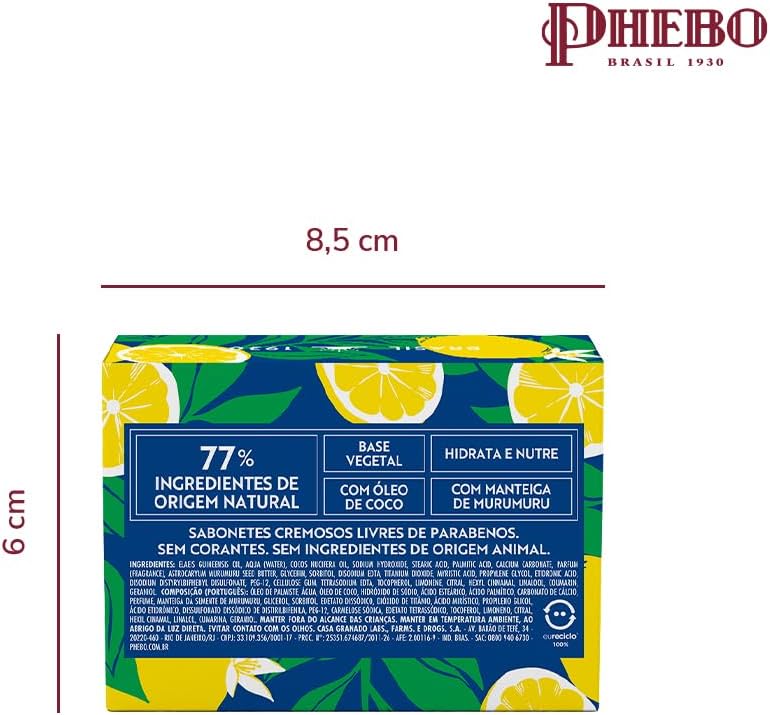 BuyBrazil Phebo Limão Siciliano soap bars, 100g each, set of 12, featuring fresh lemon scent and natural skincare ingredients.