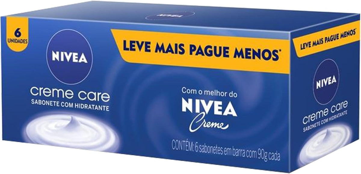 Six NIVEA Creme Care soap bars in a pack, showing creamy white NIVEA soap in a simple packaging design.