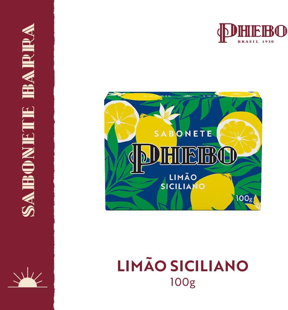 BuyBrazil Phebo Limão Siciliano soap bars, 100g each, set of 12, with fresh lemon scent and natural ingredients.