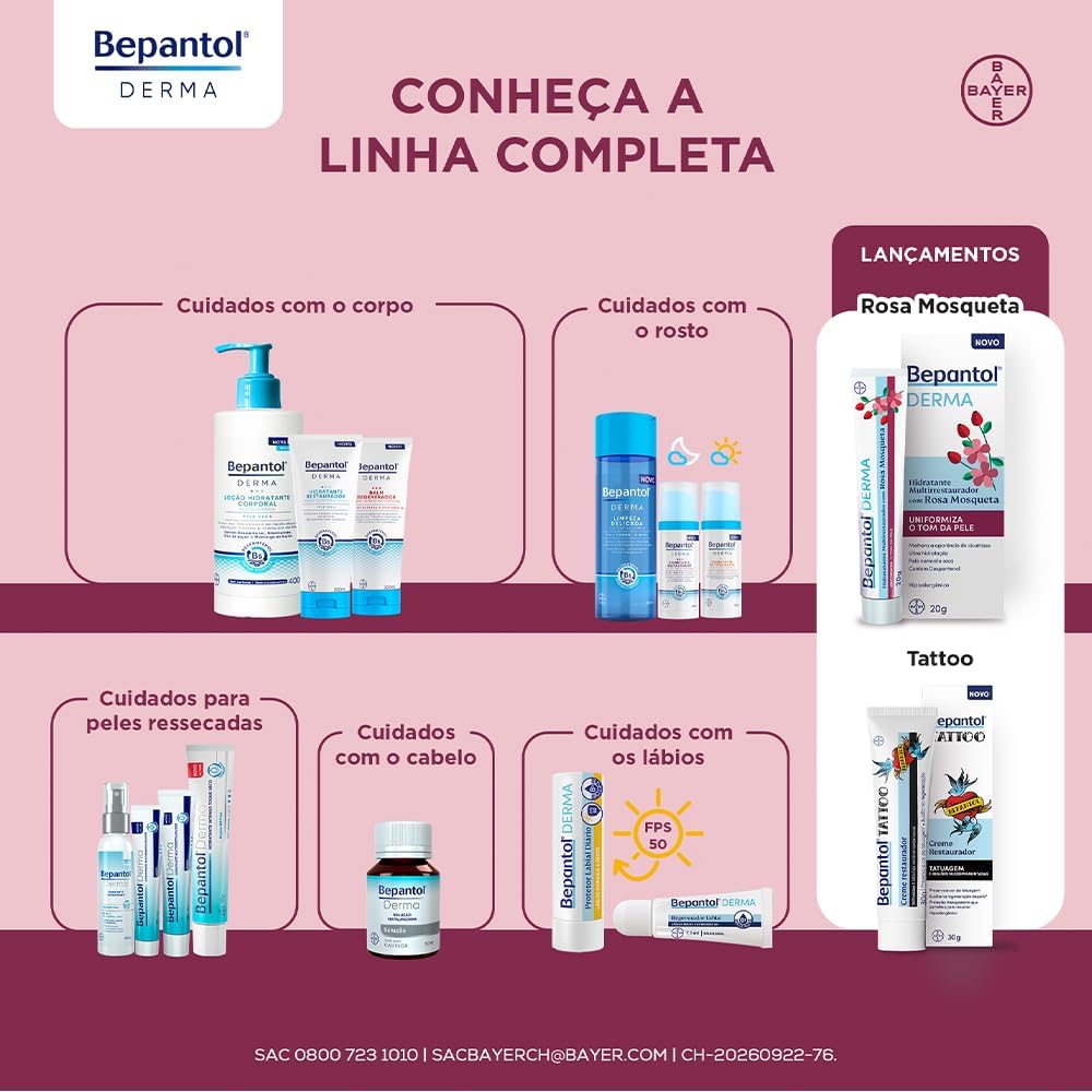 Bepantol Derma Rosa Mosqueta Hydrating Multi-Restorer 20g cream, pink packaging with product details visible.