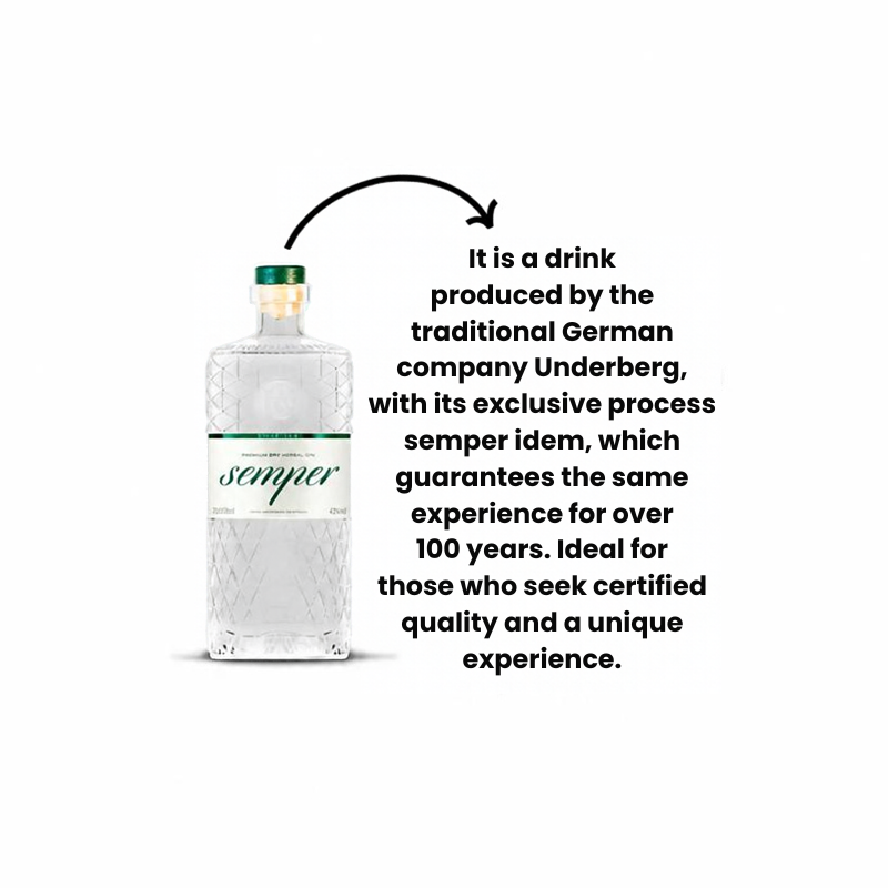 SEMPER artisanal gin by BRASILBERG in 750ml bottle, with a sleek label and clear glass, showcasing premium craft spirits.
