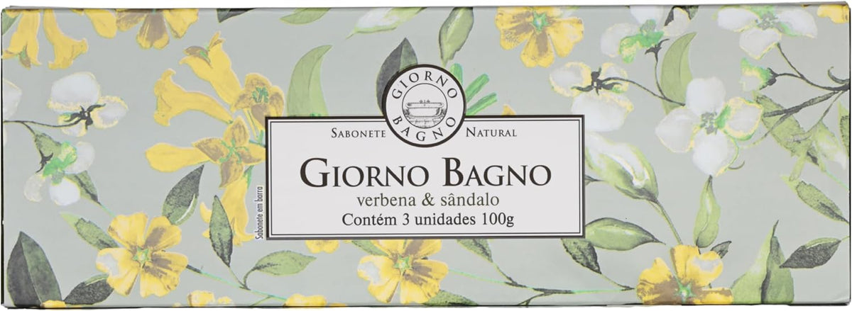 Set of three Giorno Bagno soap bars with verbena and sandalwood scents, each 100g, featuring natural ingredients in elegant packaging