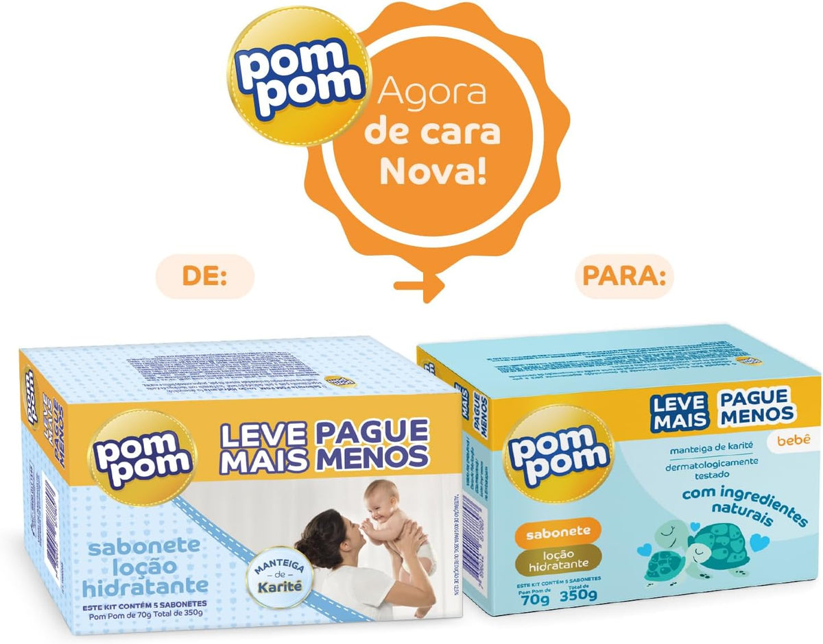Set of five BuyBrazil Pom Pom Bar Soap and Moisturizing Lotion kits, 70g each, with colorful packaging and floral design.