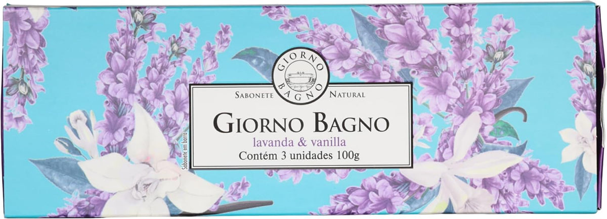 Barra de sabonete Giorno Bagno Lavanda e Vanilla da BuyBrazil, 3 unidades de 100g cada, com fragrância suave e relaxante.