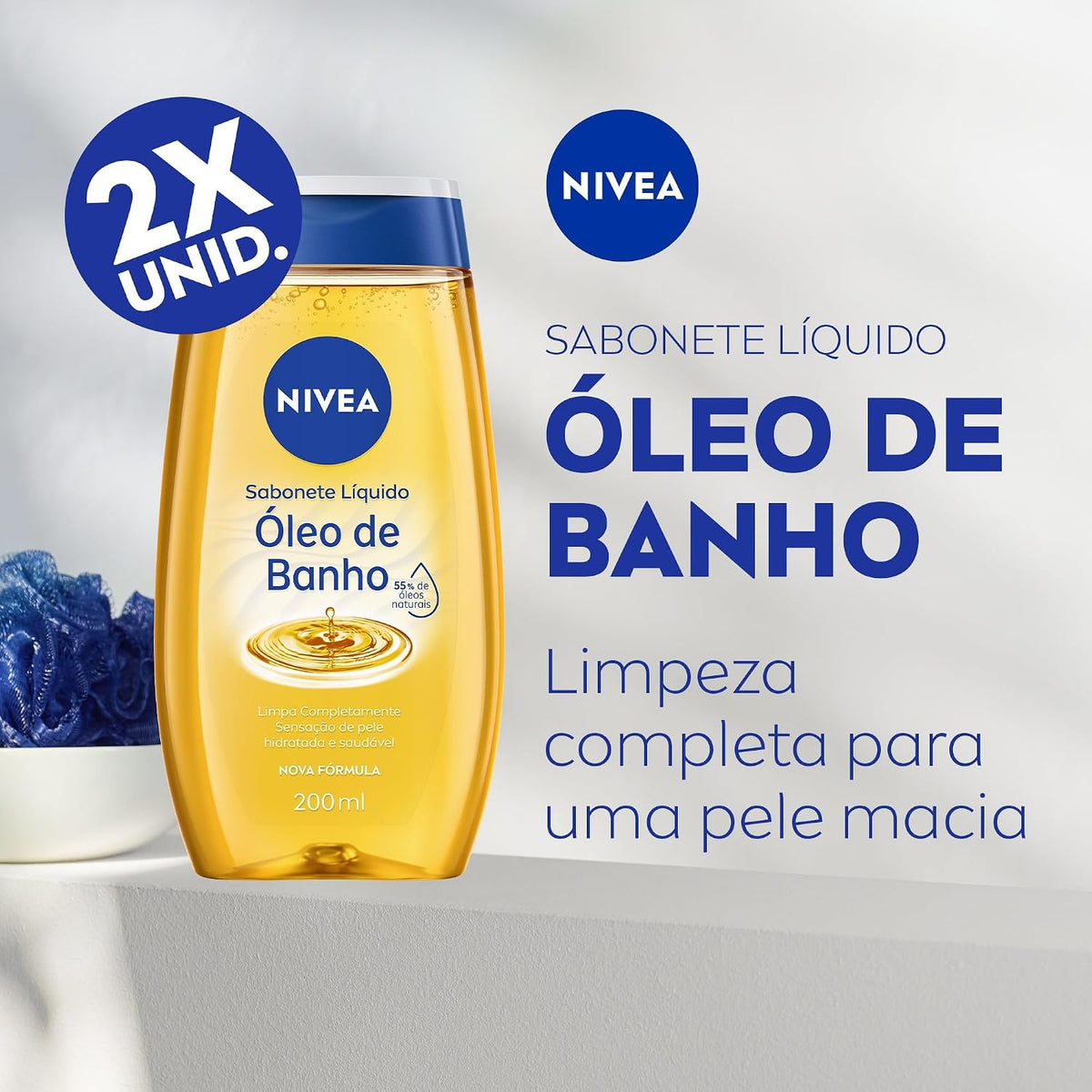 Two NIVEA liquid soap and body oil shower kits in 200ml bottles with moisturizing formula, ideal for gentle cleansing and hydration.