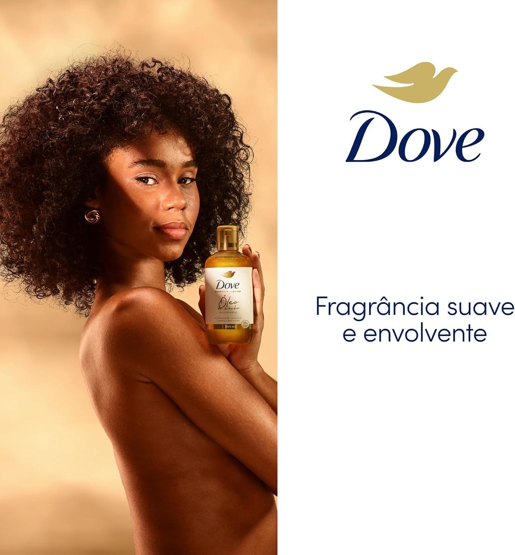 Dove intense hydration and gentle cleansing body oil with natural ingredients, 240 ml, featuring a sleek bottle with a pump.