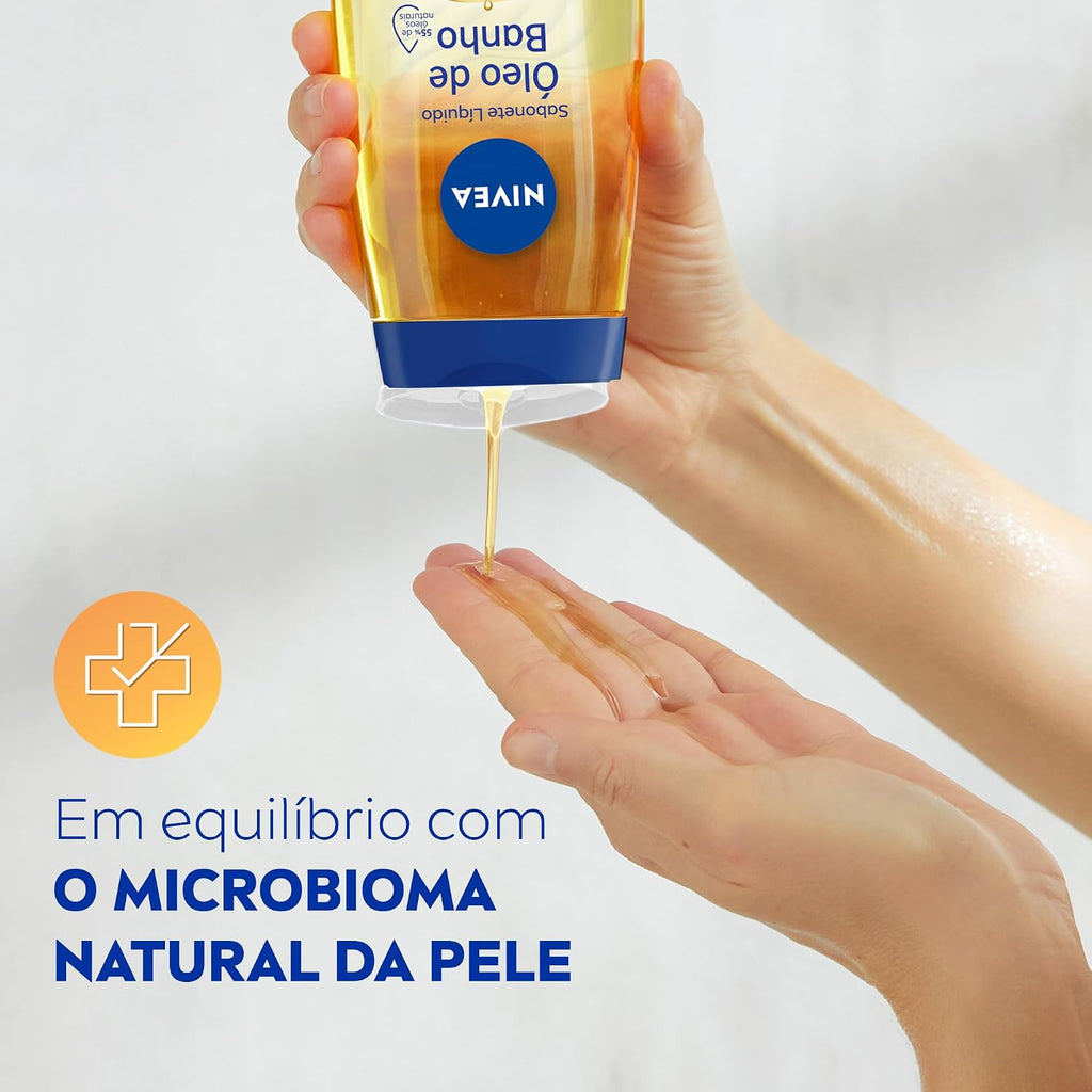 Two NIVEA liquid body wash bottles with oil of bath, 200ml each, displayed side by side.