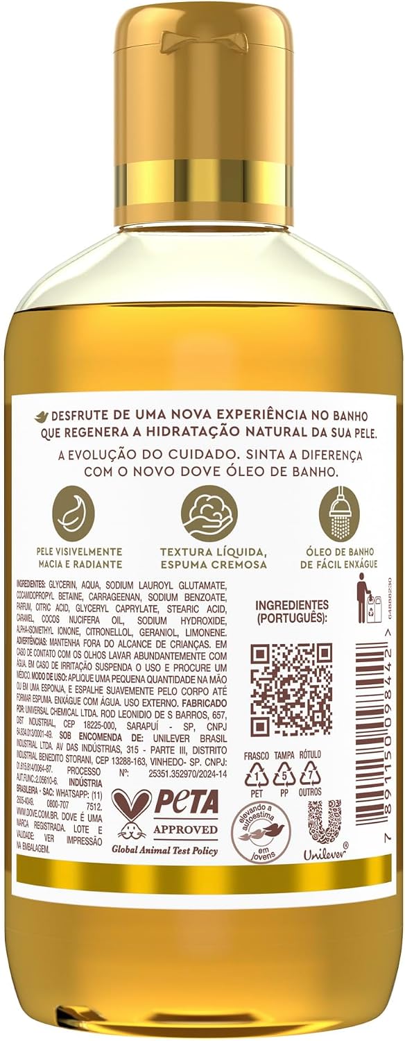 Dove hydrating and gentle shower oil with natural ingredients, 240 ml, featuring a sleek white bottle with product label.
