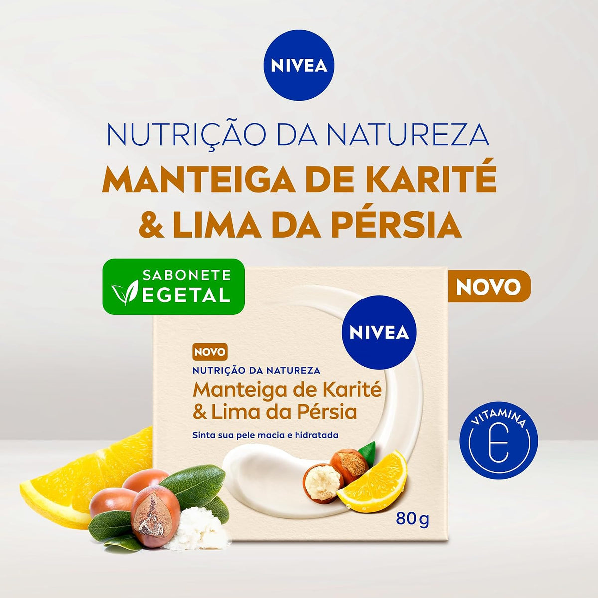 NIVEA Vegetal Nutrição Sabonete com manteiga de karité e lima da Pérsia, 80g, para limpeza delicada e pele macia.