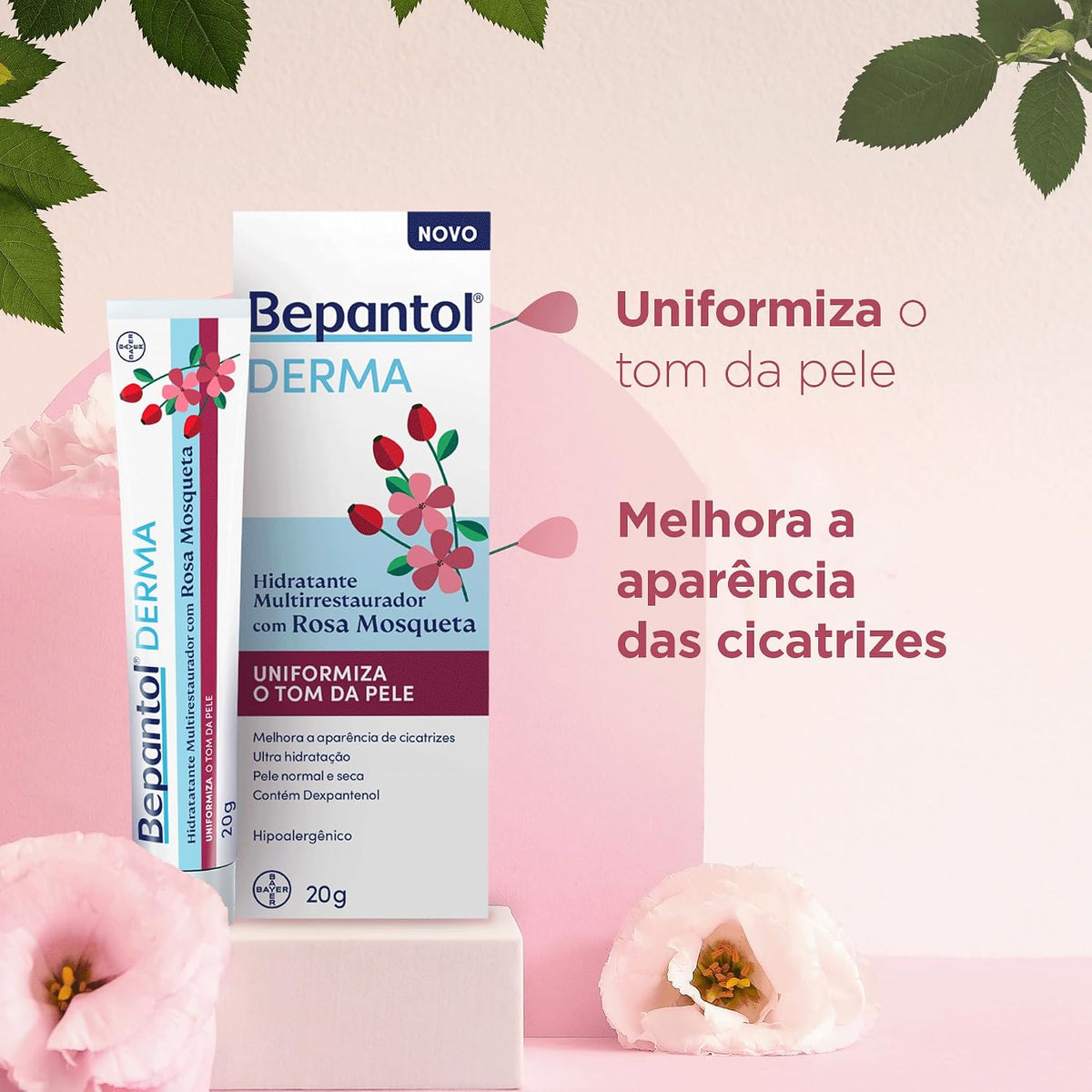 Bepantol Derma Rosa Mosqueta 20g moisturizer and multi-restorer in a small tube, with soft pink packaging and product label.