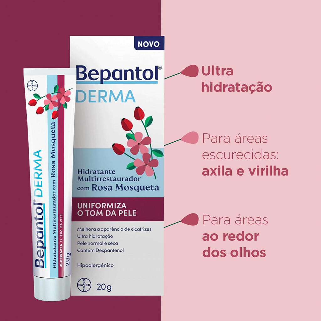 Bepantol Derma Rosa Mosqueta multi-restorative moisturizer 20g tube with pink packaging and applicator tip.
