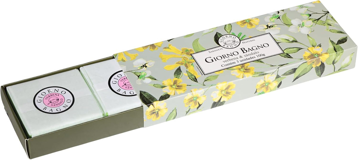 Set of three Giorno Bagno soap bars with verbena and sandalwood scent, each 100g, in colorful packaging.