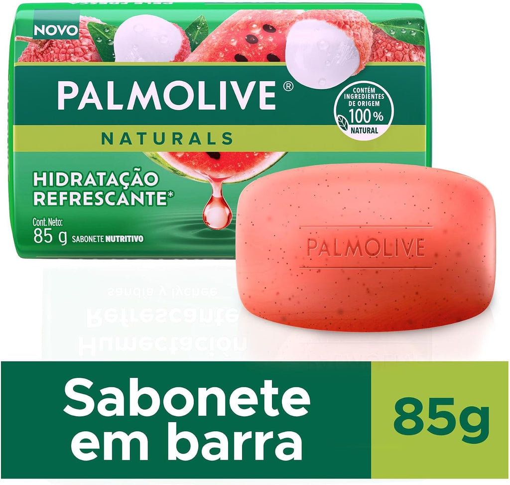 Barra de sabonete Palmolive Naturals de hidratação com essência de melancia e lichia, embalagem com 8 unidades de 85g cada