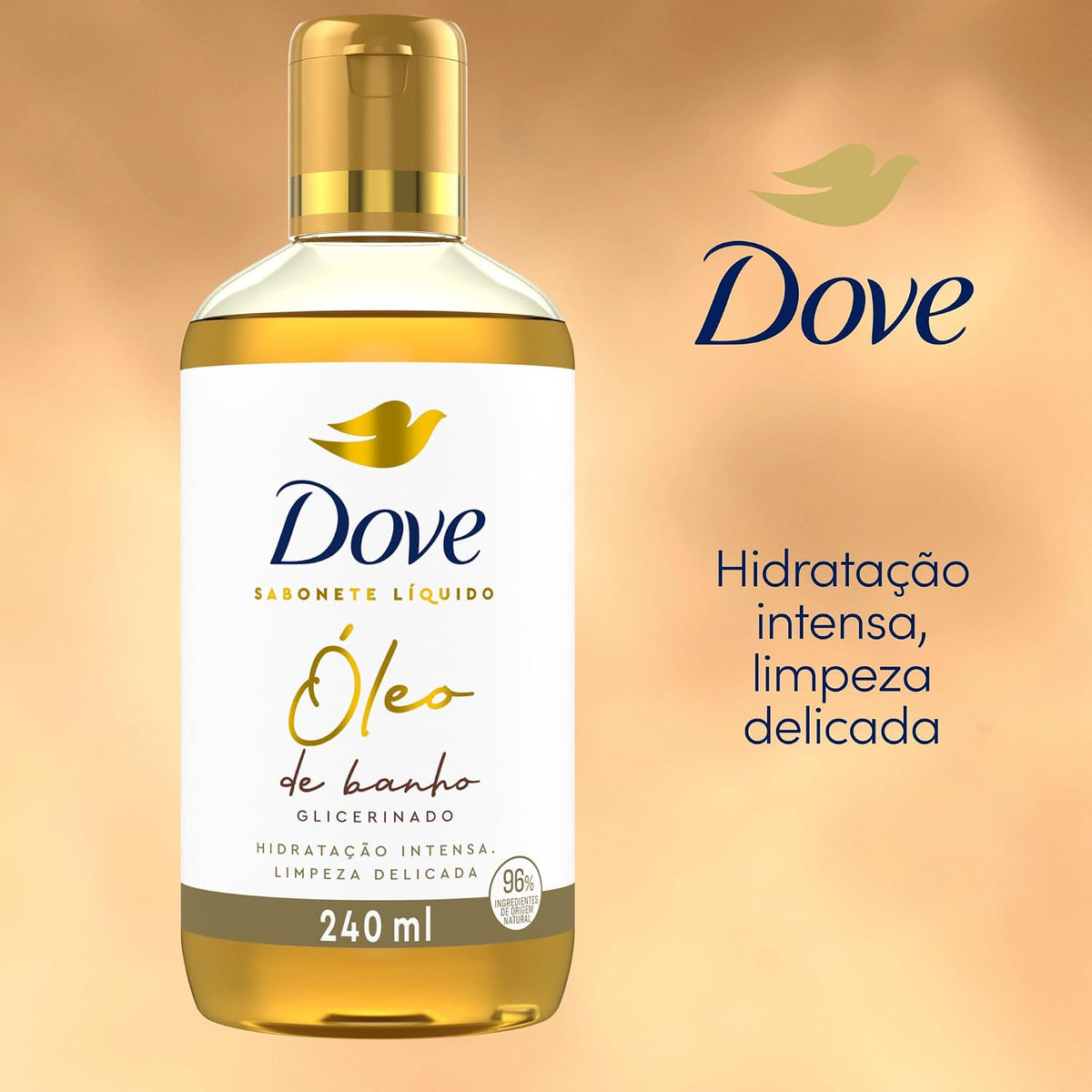 Dove intense hydration and gentle cleansing body oil with glycerin, natural ingredients, in 240 ml bottle.