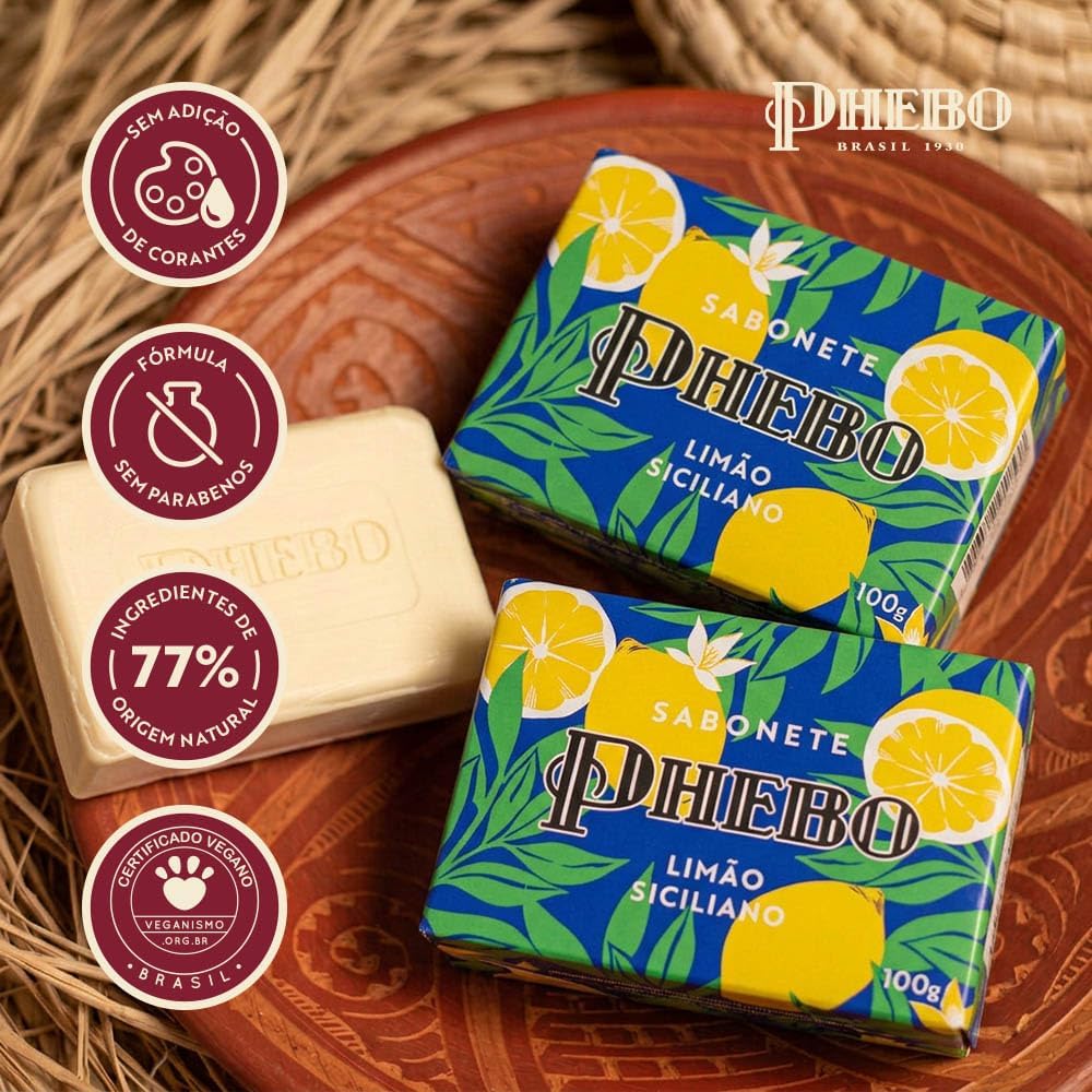 Set of 12 Phebo Limão Siciliano soap bars, 100g each, with bright citrus scent and natural soap packaging.