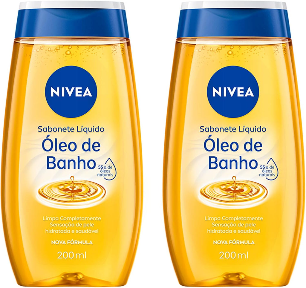 Two NIVEA liquid soap and body oil shower kits, 200ml each, featuring moisturizing formula and sleek packaging.