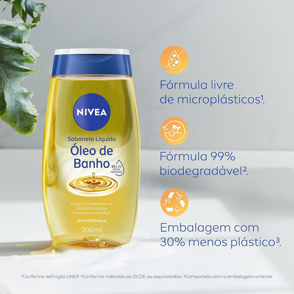 Two bottles of NIVEA liquid body wash with moisturizing oil, 200ml each, shown in the image.