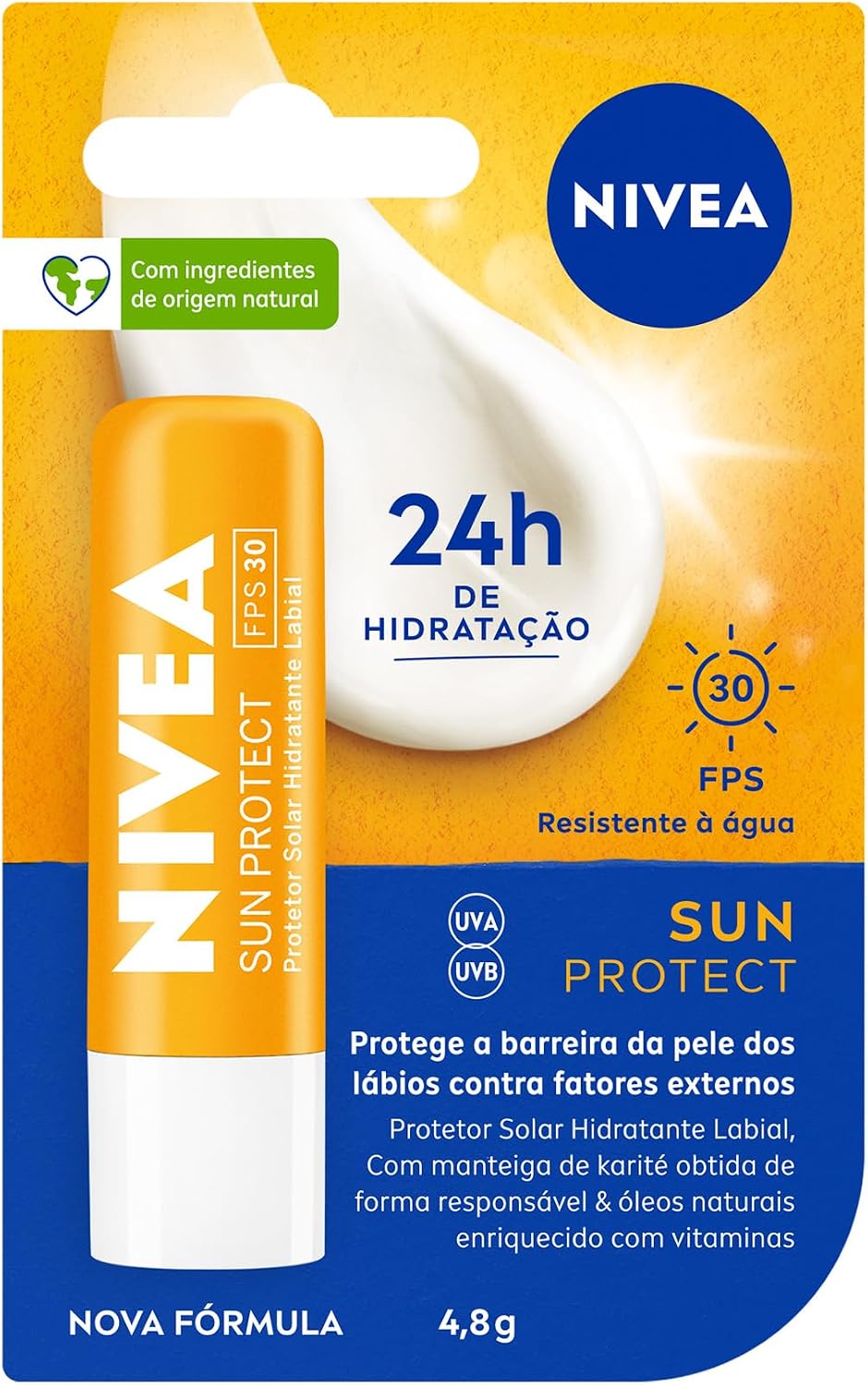 NIVEA Hidratante Labial Sun Protect FPS 30 lip balm with shea butter, 4.8g, for intense 24-hour hydration and sun protection.