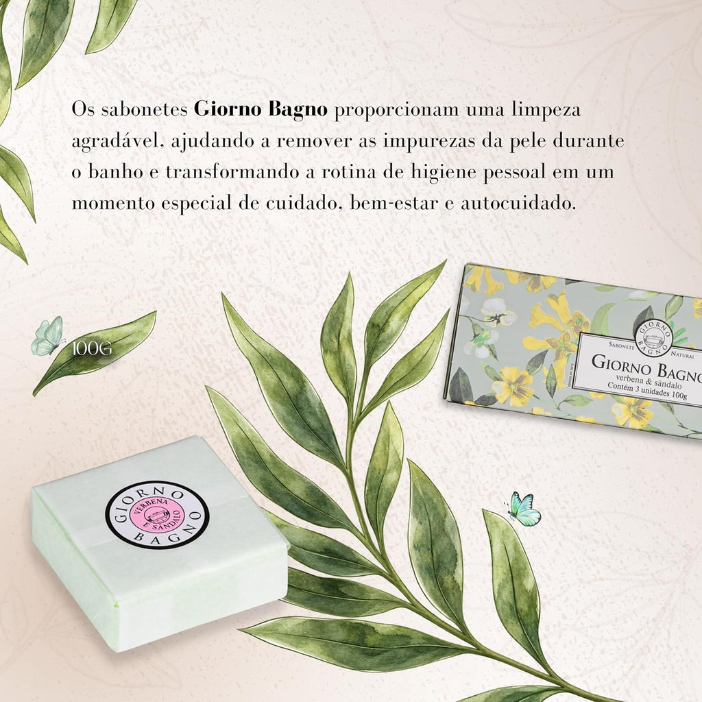 Barra de sabonete Giorno Bagno de Verbena e Sândalo, 3x100g, com embalagem elegante, ideal para higiene diária.