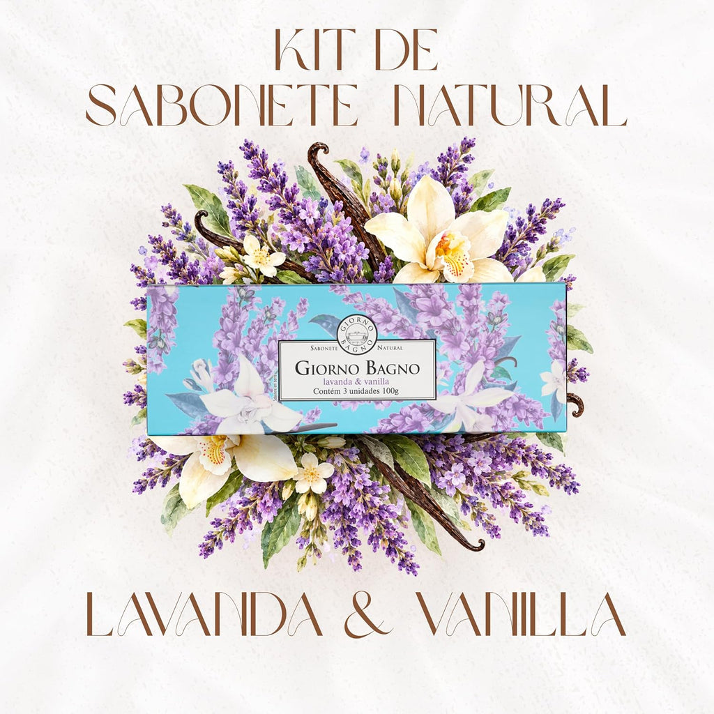 Barra de sabonete Giorno Bagno Lavanda e Vanilla, 3x100g, com fragrância relaxante e ingredientes naturais, da BuyBrazil.