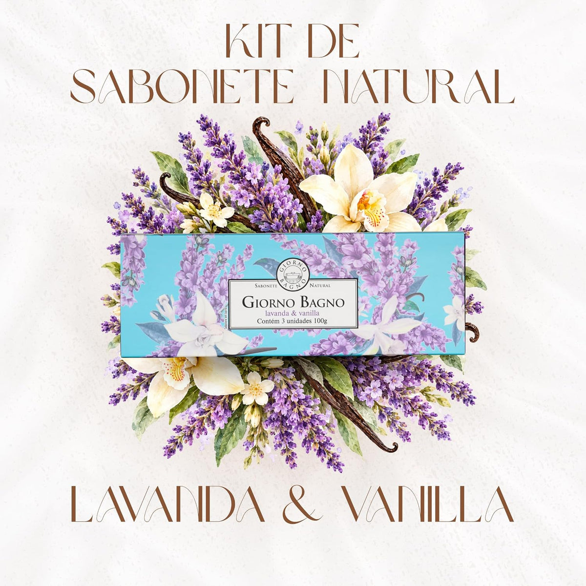 Barra de sabonete Giorno Bagno Lavanda e Vanilla, 3x100g, com fragrância relaxante e ingredientes naturais, da BuyBrazil.