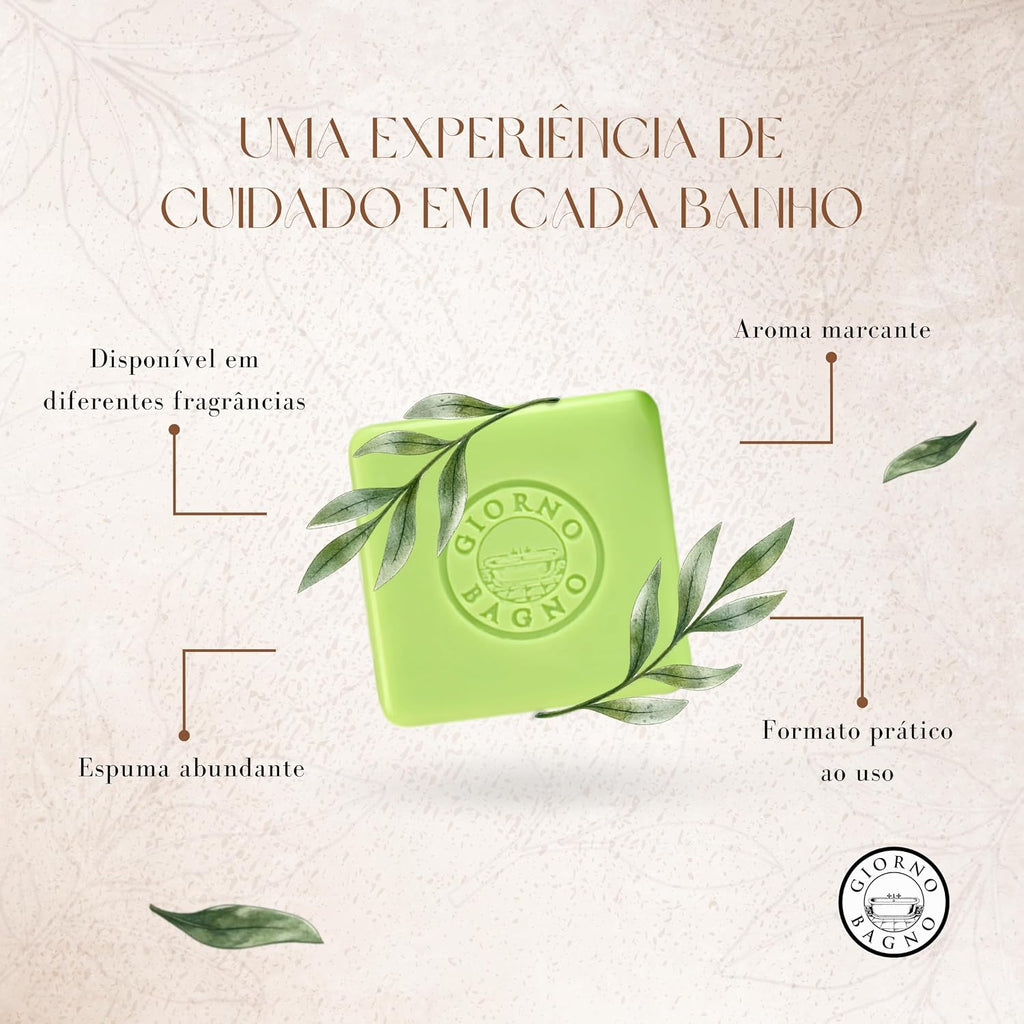 BuyBrazil Giorno Bagno soap bars with verbena and sandalwood, three 100g pieces, featuring colorful packaging and natural ingredients.