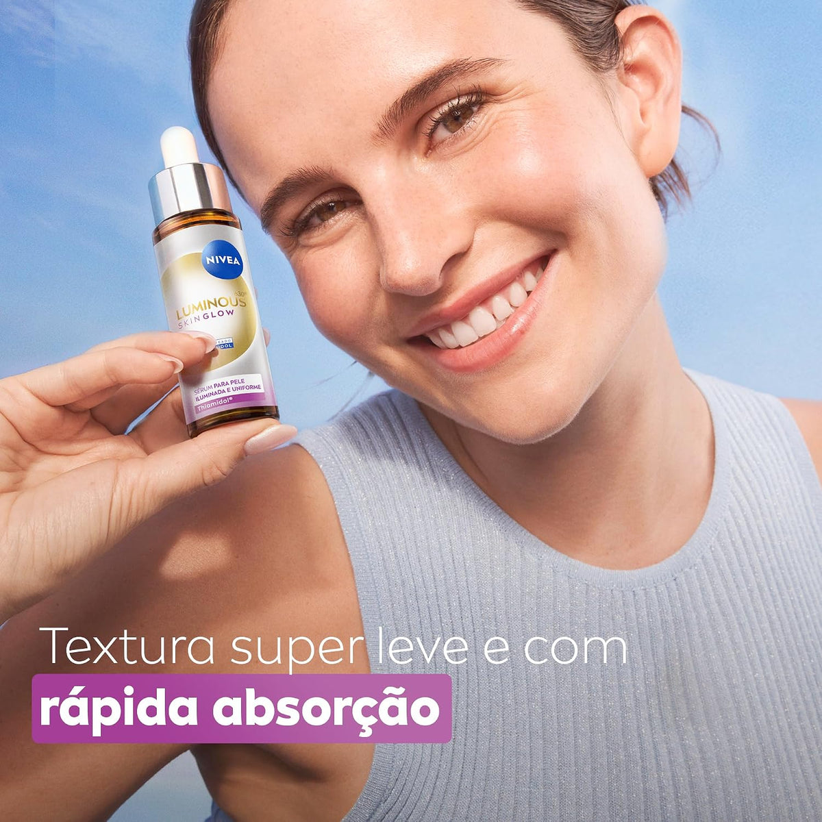 NIVEA LUMINOUS630® skin glow serum 30ml with a dropper, showing clear glass bottle and product label for facial skincare.