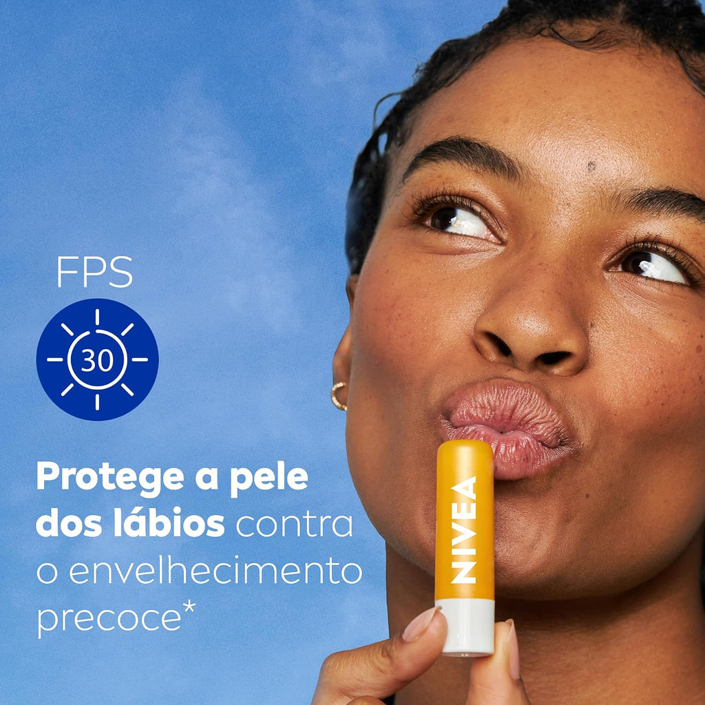 NIVEA Lip Balm with SPF 30 and shea butter, 4.8g, providing 24-hour hydration and sun protection for daily lip care.