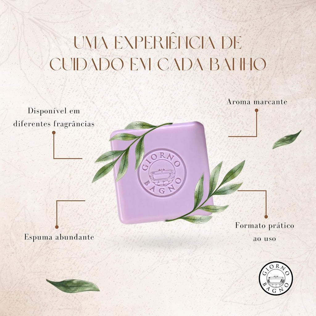 Barra de sabonete Giorno Bagno Lavanda e Vanilla de 3x100g, com embalagens coloridas e detalhes do produto na imagem