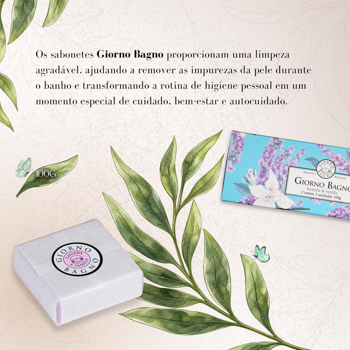 Giorno Bagno lavender and vanilla bar soap kit with three 100g bars, natural scent and creamy texture for skincare.