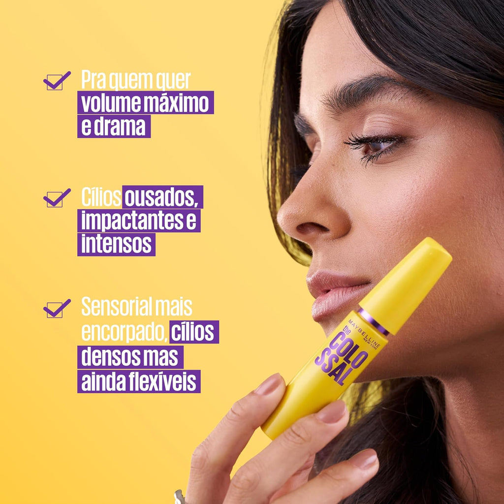 Maybelline The Colossal Volum' Express mascara in black, 8ml, with thickening brush and volumizing formula.