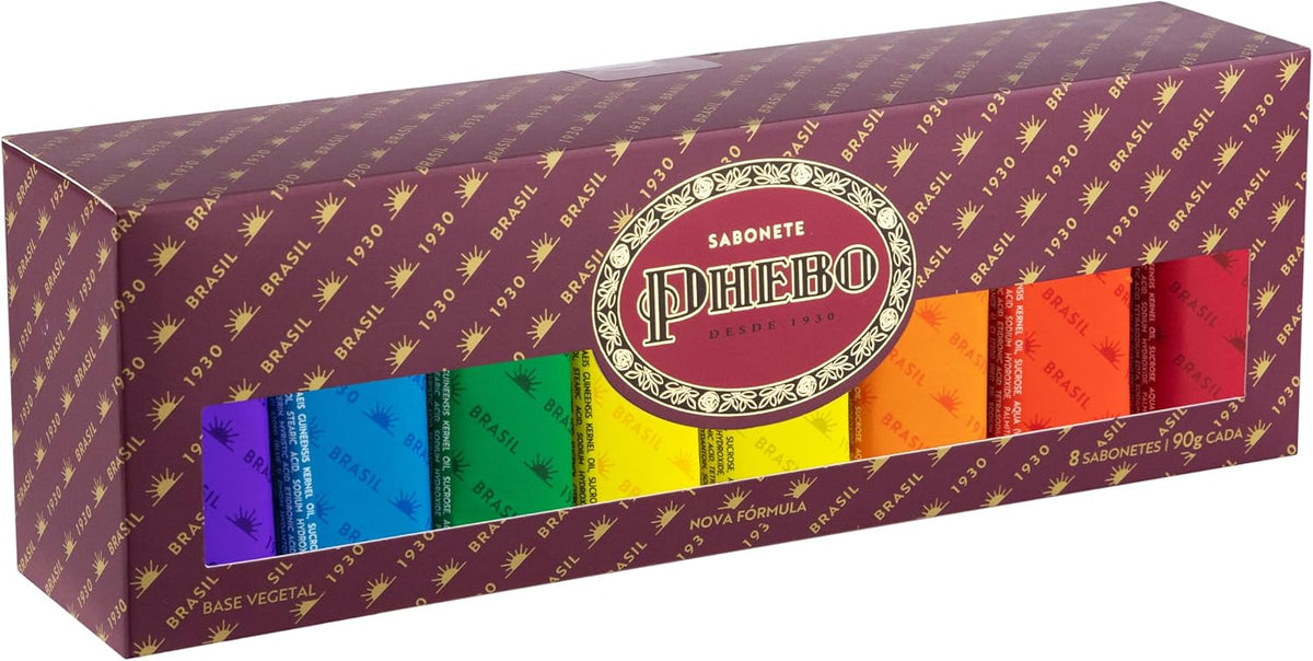 PHEBO glycerin bar soap gift set with 8 individual soap bars, each 90g, arranged in a decorative gift box.