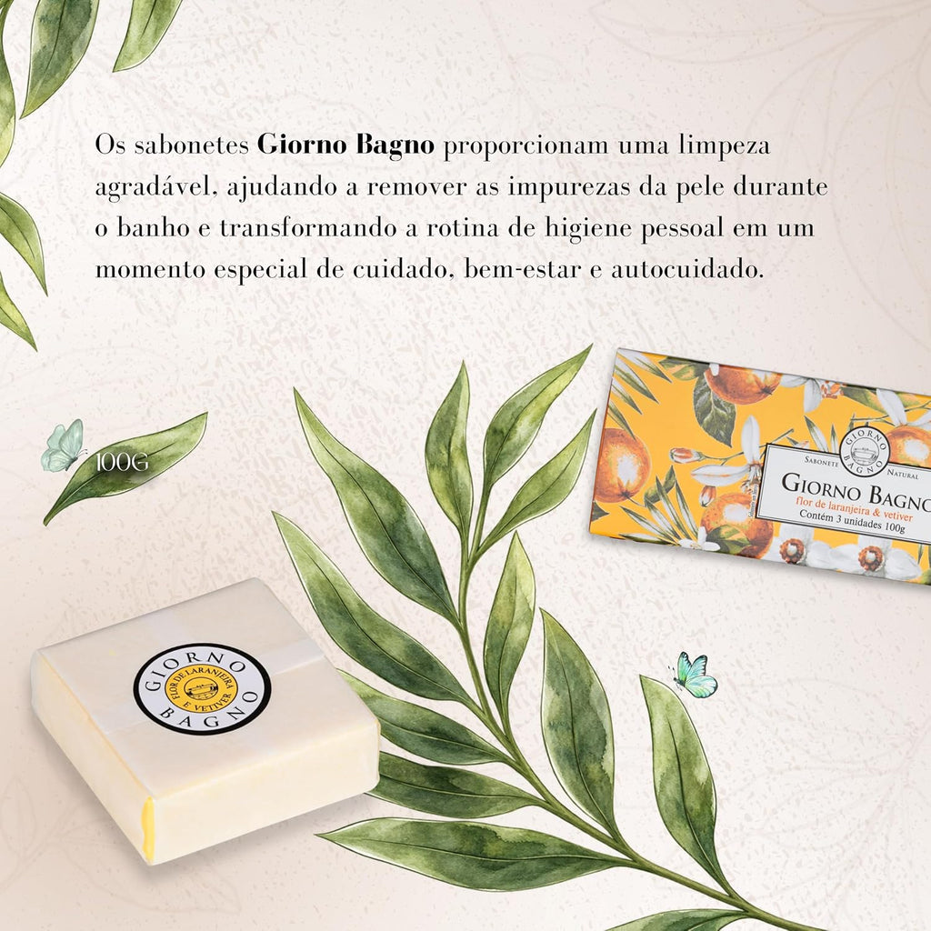 Three bars of Giorno Bagno soap with orange blossom and vetiver scent, each 100g, featuring floral and earthy design elements.