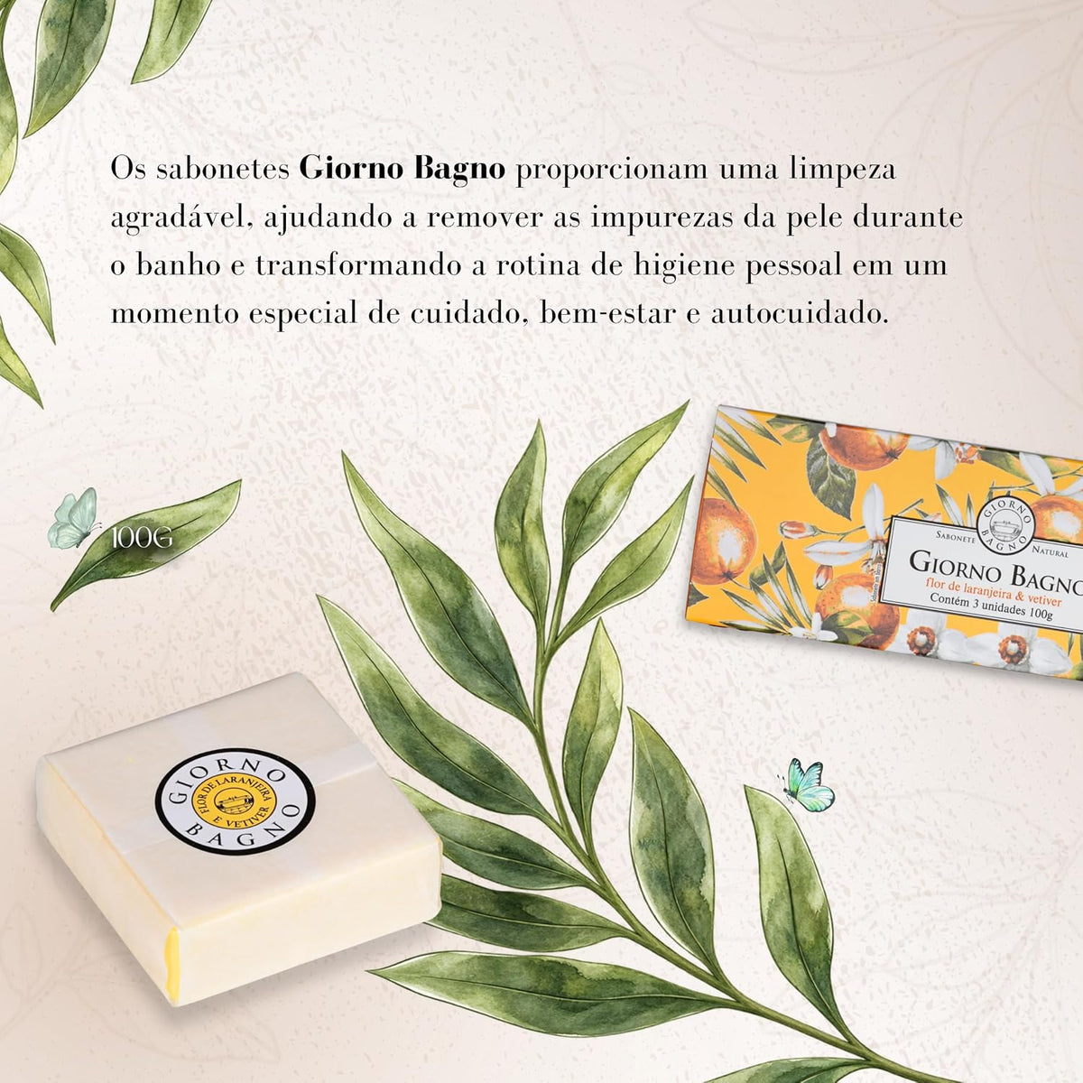 Three bars of Giorno Bagno soap with orange blossom and vetiver scent, each 100g, featuring floral and earthy design elements.