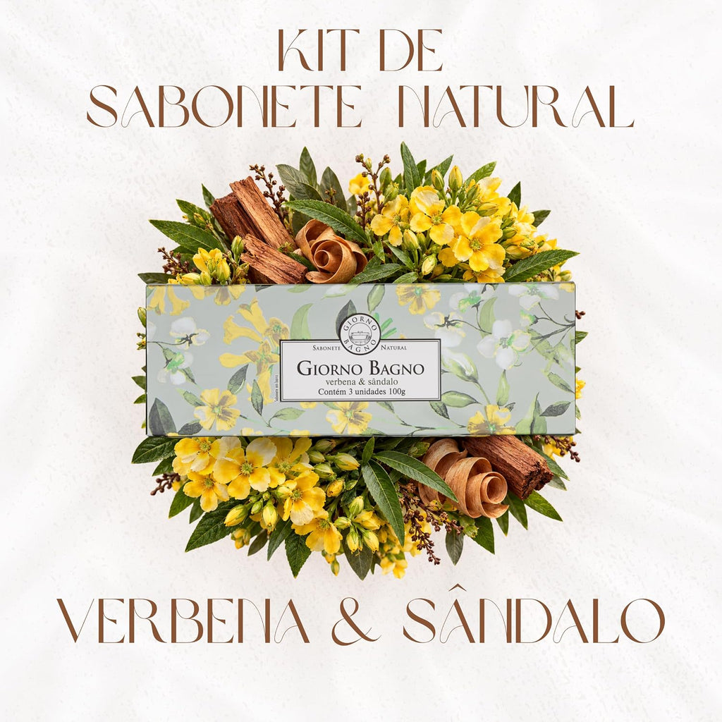Three bars of BuyBrazil Giorno Bagno soap with verbena and sandalwood scent, each 100g, displayed in a clean, appealing arrangement.
