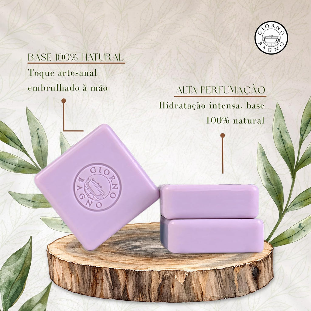 Barra de sabonete Giorno Bagno Lavanda e Vanilla, 3x100g, com embalagens elegantes e fragrância relaxante.